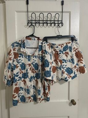 Floral Two-Piece Set — Cream with Blue & Rust Flowers